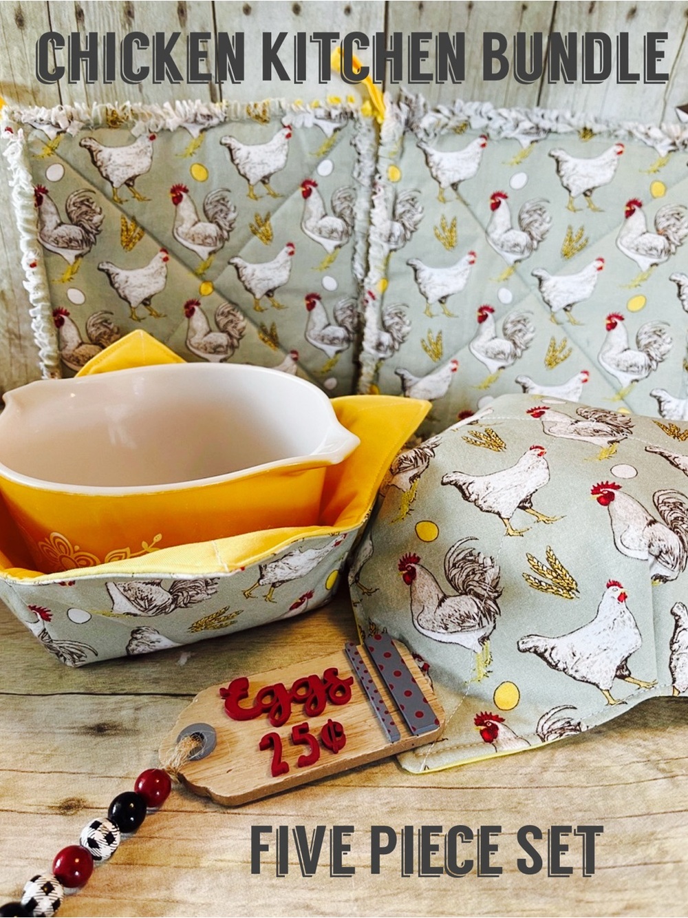 5 Pc Set Chicken Microwave Bowl Cozies Fabric Bowls & Two Hotpads & Eggs Decor
